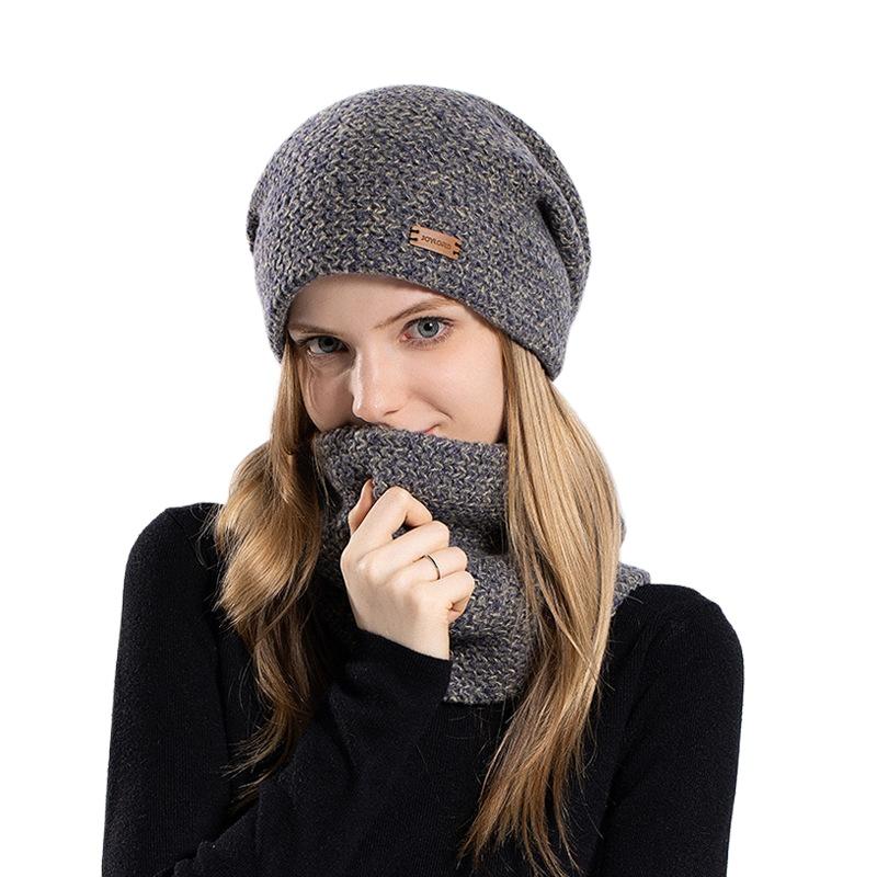 Women's Knitted Hat Winter European and American Warm Hat Scarf Set Fleece Ear Protector Pullover Wool Hat