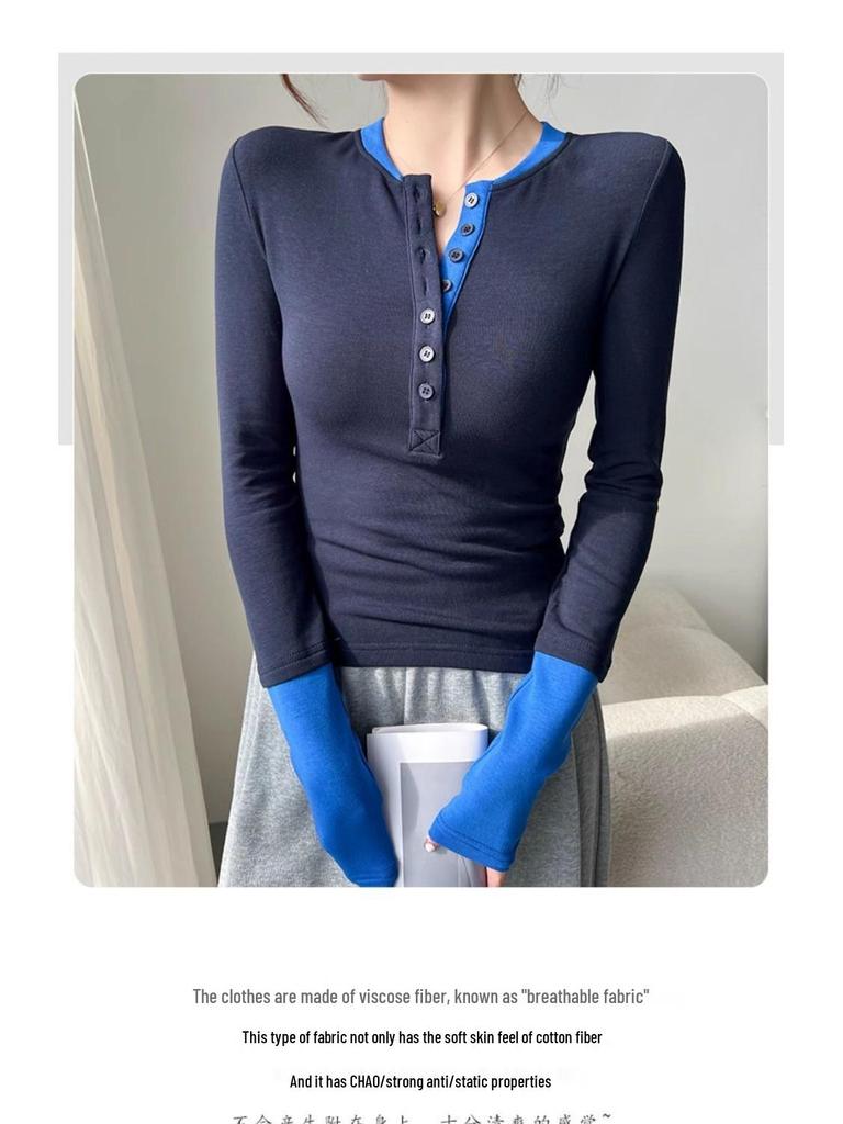 American Color Block Fashion Faux Two-Piece Long Sleeve Slimming Autumn Top