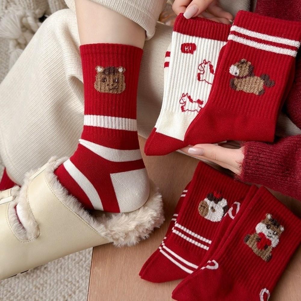 Soft Cartoon Red Socks Cotton Year of The Horse Socks Ladies Socks Zodiac Year Socks  Gift