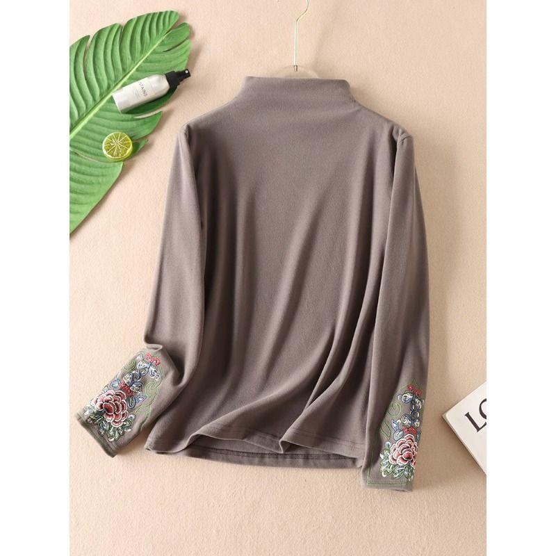 Women's Ethnic Embroidered Fleece T-shirt - Autumn/Winter Long Sleeve Half-High Collar