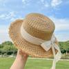 Versatile burr straw hat women's summer flat top travel sun hat small fresh bow sunshade beach hat