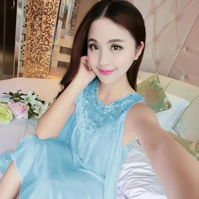Summer Imitation Silk Nightgowns Women Sexy Sleepwear Nightwear Female Spaghetti Strap Underwear Lace Breathable Homewear