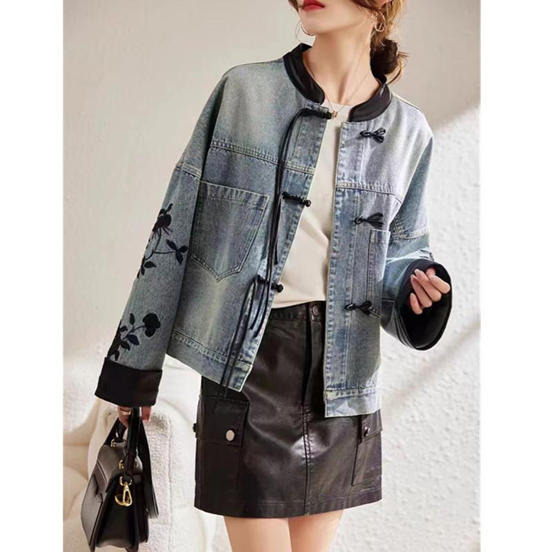Vintage Print Denim Jacket Women Spring Autumn Fashion Long Sleeve Jeans Short Coat Female Loose Cowboy Outwear