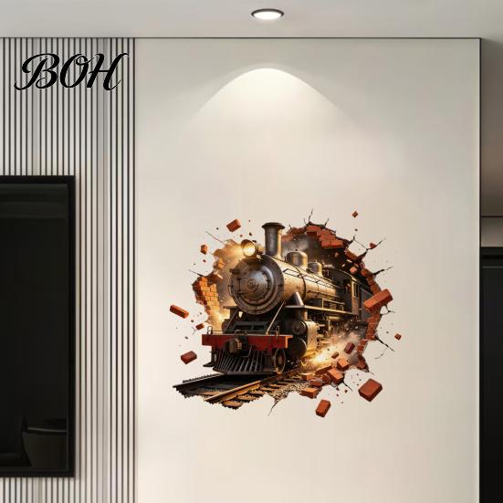 Wall Renovation Stickers for Renters 3D Retro Train Sticker, Break Through Decal, Peel and Stick Art Decorative Study Room Mural Kids Bedroom