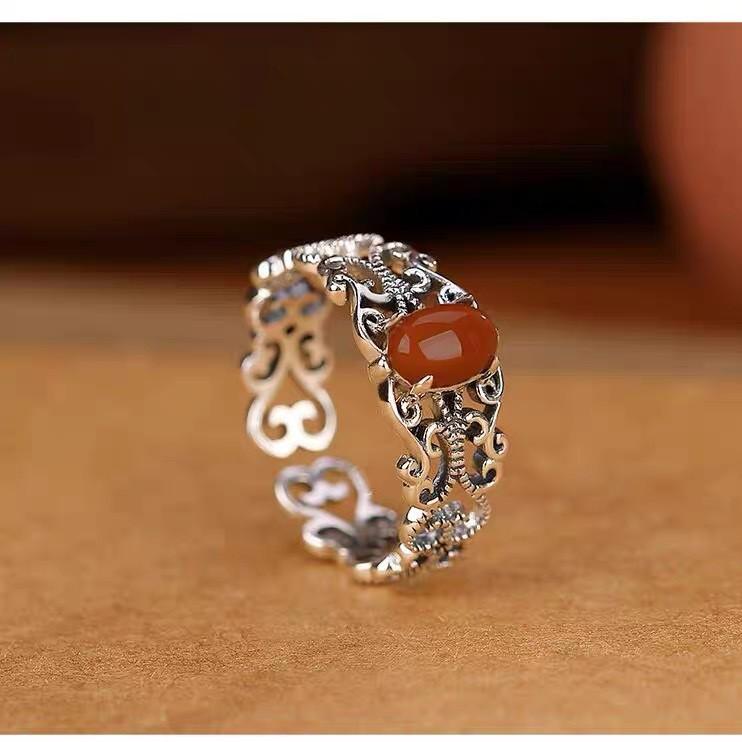 Women's Hollowed-Out Nan Hong Floral Ruyi Ring - Ethnic Style, Adjustable, Fashionable, Versatile.