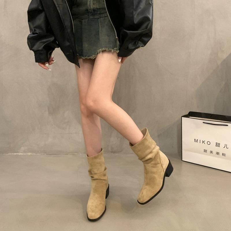 Retro stacking boots women's summer and autumn 2025 new thin khaki Martin boots thick heel photo cowboy short boots women