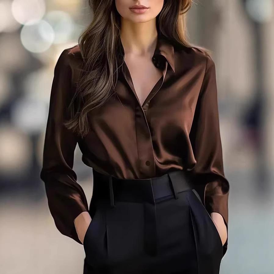 European and American temperament commuter long-sleeved shirt women's autumn POLO collar polyester cardigan