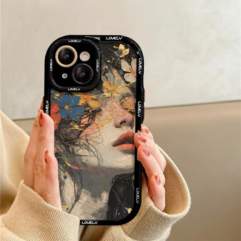 Oil Painting Flower Girl Suitable for Apple 16 Phone Case 15, Acrylic 14pro, Fine Hole Anti-drop 13, Full Package 12/11