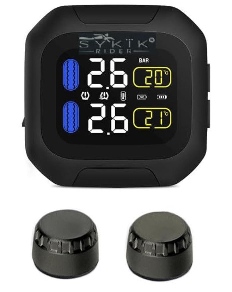 Sykik Rider SRTP300 Wireless Tire Pressure Monitoring System for Motorcycles with 1.5" Monitor, Checks Tire Pressure While Riding