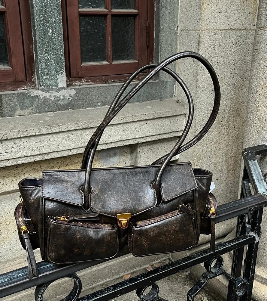 SHELKSBAG Retro Quality Handbag Ladies Motorcycle Bags Multi-Pocket Luxury Designer Fashionable Versatile Underarm Bag for Women