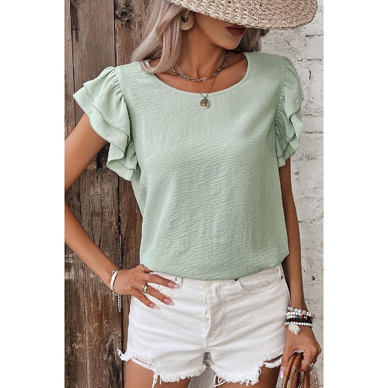 2026 Petal Sleeve Round Neck Short Sleeve T-shirt Fashion Women O Neck Summer Blouse Short Sleeve Elegant Solid Color Casual Ruffled Tops Ladies Shirt