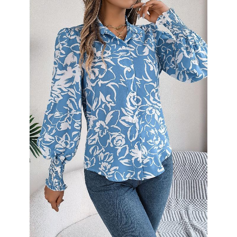 2026 Spring/Summer Elegant Contrast Color Floral Lantern Sleeve Turn-down Collar Shirt Casual Breathable Women's Top