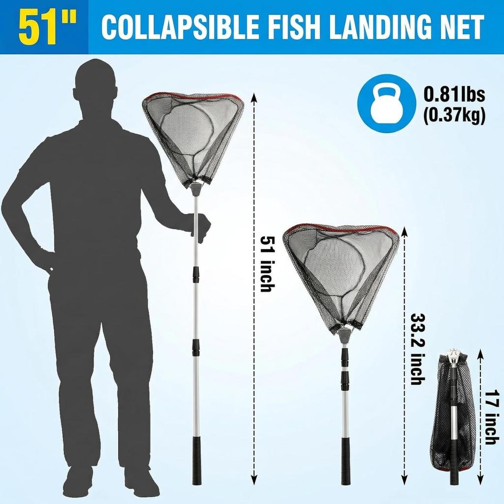 2 Pack Fishing Net with Telescopic Pole Handle, Fish Landing Net with Sturdy Collapsible Handle, Folding Nylon Mesh Landing Net for Saltwater