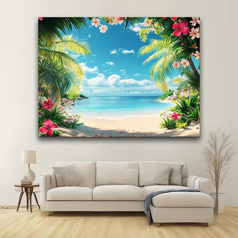 2D Tropical Flower Beach Backdrop Palm Tree Ocean Photography Background