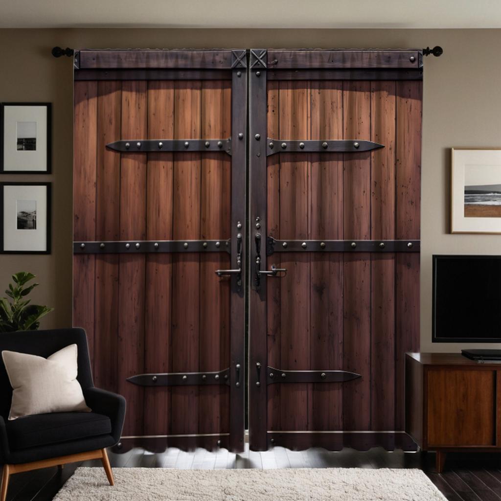2pcs HD restoration bronzed wood door decoration curtain Brown digital printed curtain Home Decoration style Decoration livin