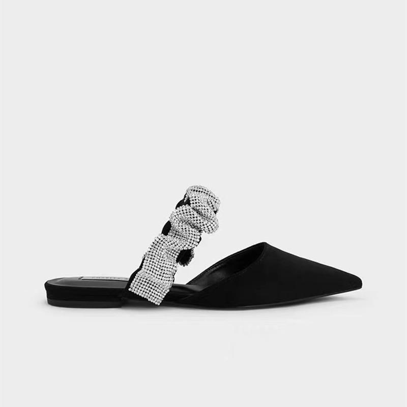 

Модные женские тапочки с кристаллами и оборками, модные босоножки 2024 года на плоской подошве, каблуки, мюли с острым носком, женская обувь, удобные шлепанцы, серебристые шлепанцы 5 чёрный