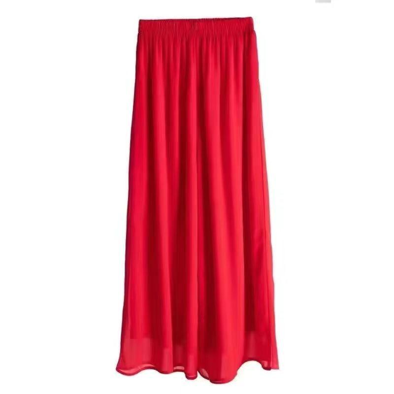 Women's Wide-Leg Chiffon Pants: Flowy, Elastic Waist, Long Cropped Skirt-Pants