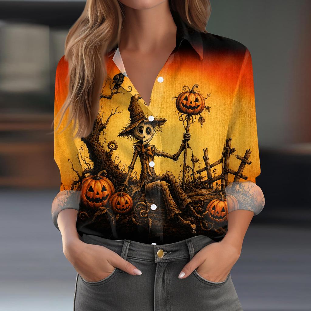 Women's Button-Down Shirt Long Sleeve Casual Halloween Print Top