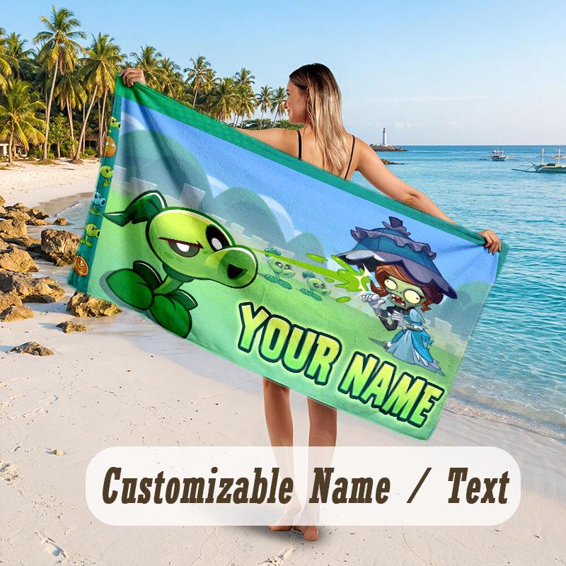 Personalized Beach Towel,Plants vs. Zombie Custom Printed Name Text, Super Absorbent Towel For Beach Vacation