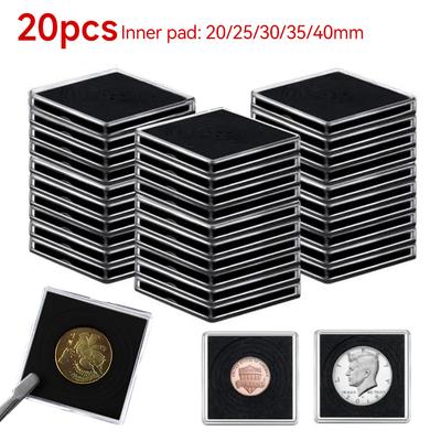 20 Stück Kunststoff-Münzaufbewahrungsbox Schutzbehälter Kapseln Quadratischer Schaumstoffhalter Münzsammlung Box Transparent 20/25/30/35/40mm