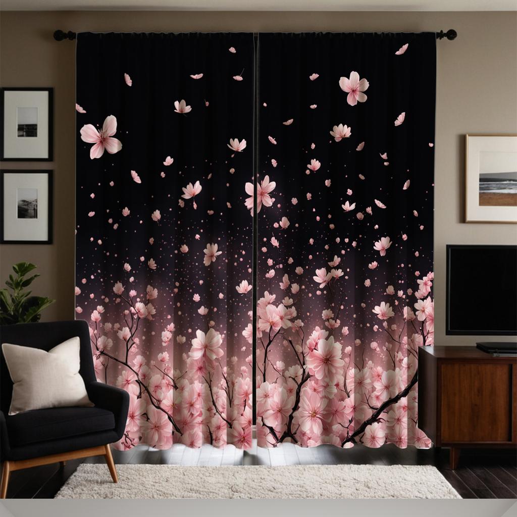 2PCS Black to Pink Cherry Blossom Print Sheer Polyester Curtains Rod Pocket Top for Living Room Bedroom Home Decor