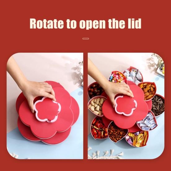 Multi-Layer Rotating Petal Snack Tray Divided Fruit Nut Holder with Lids Space-Saving Plastic Organizer for Home Kitchen Picnic