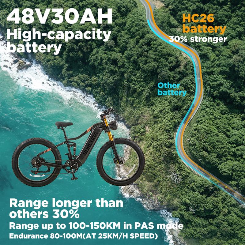 BURCHDA-HC26PRO electric bike for adults, 1500W motor, 48V 30AH battery, 26’ wide off-road tyres, mountain and snow electric bike, off-road bike