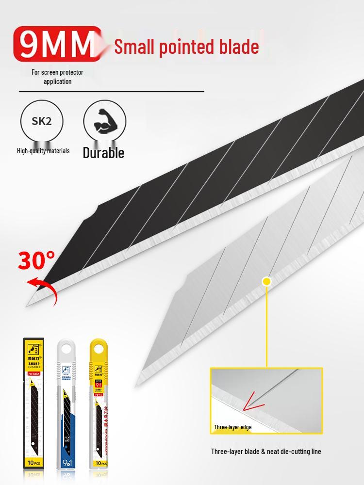 Woodpecker 9mm Craft Knife: 30-Degree Pointed Blade for Film & Wallpaper.