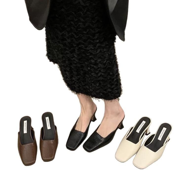 Temperament high-heeled bag head half slippers outer wear women's shoes spring and summer 2025 new thick heel not tired feet shallow mouth slippers