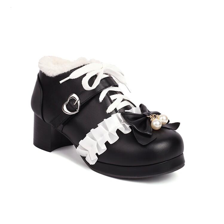 Spring and Autumn New Children's Leather Shoes Solid Color Princess High Heels Bow Lace Lolita Lolita Girls Single Shoes