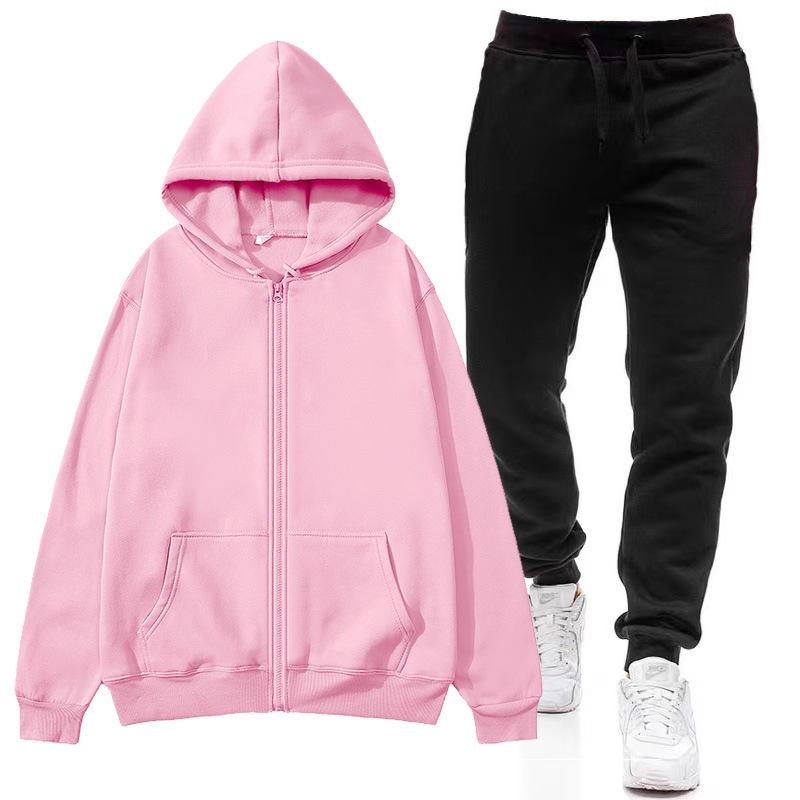 Dwuczęściowy zestaw z kapturem Bluza z kapturem w jednolitym kolorze, rozpinana, z kapturem + czarne spodnie, damska bluza z kapturem, jesienna męska bluza z kapturem + spodnie