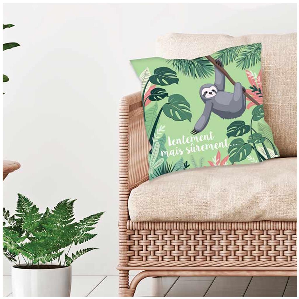 Les Trésors De Lily [Q5848] - Designer Cushion Cover 'Lazy' Green Gray (Slowly But Surely...) - 40x40 Cm