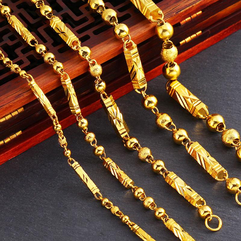Vietnamese Sand Gold Necklace for Men, Hexagonal Buddhist Beads Solid Chain, Long-lasting Colorfast Gold and Copper Accessories