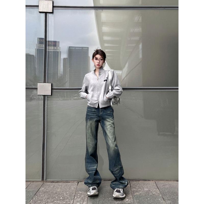 American Hot Girl Wide Leg Slightly Booted Jeans Women's Autumn Winter New High Waist Straight Retro Distressed Floor Pants