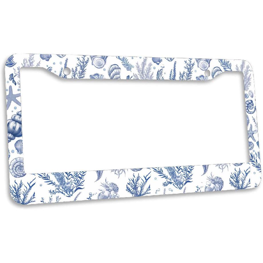 Vintage Shell License Plate Frame Blue Ocean Conch Sea License Plate Frames Personalise License Plate Frames Rust-Proof Stainless Steel Metal Car