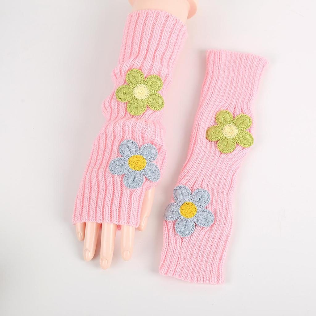 2024 College Style Ruched Fingerless Flower Gloves for Women – Autumn Winter Knitted Wool Warm Arm Sleeves