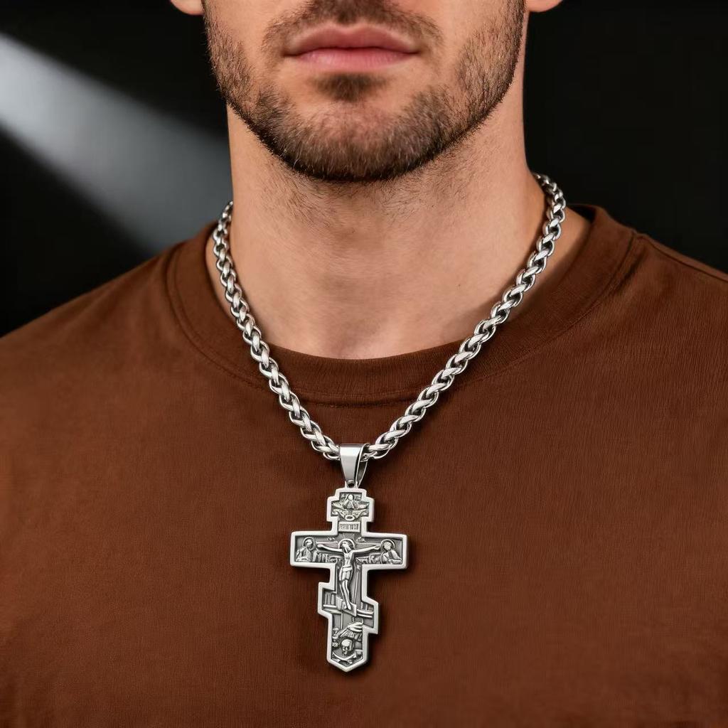YQ 316L Stainless Steel Orthodox Cross Jesus Pendant Necklace For Men Jewelry Religious Vintage Accessories