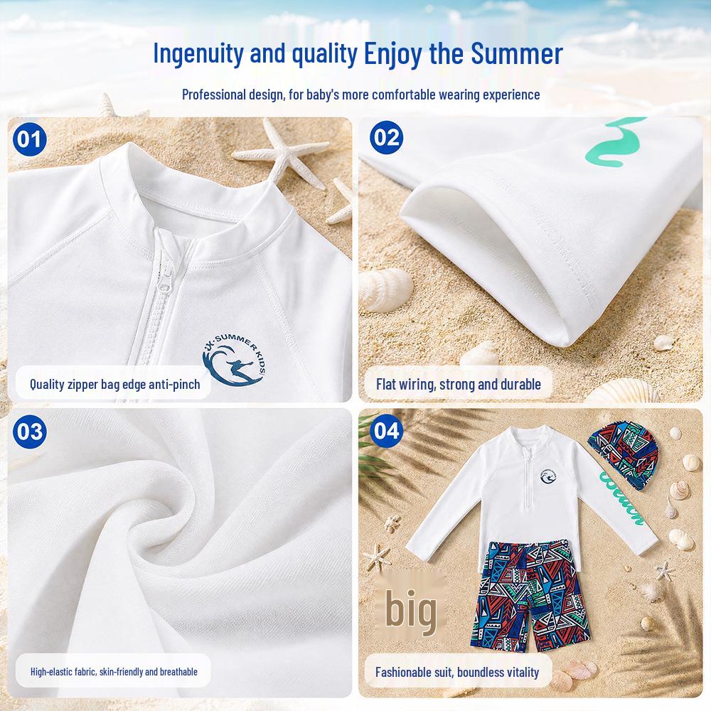 Boys' Long Sleeve Three-Piece Swim Set with Sun Protection