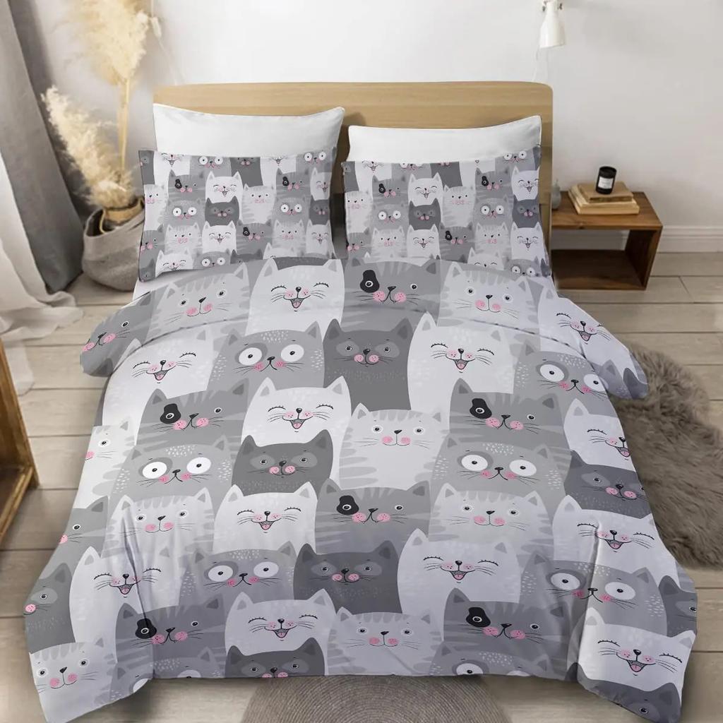 Black Cat Theme Duvet Cover Three-Piece Set Black And White Kitten Print Bedding Set Quilt Cover Pillowcase