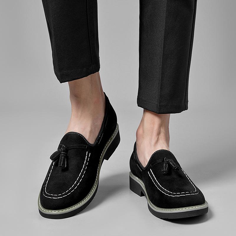 New leather shoes large size heightening Doudou shoes breathable loafers men's suede leather fringed feet casual men 2025