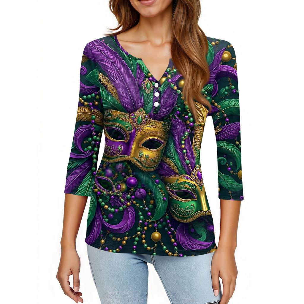 Dámské tričko s potiskem, knoflíky, 3/4 rukávy, pro každý den, na víkend, módní, základní, s výstřihem do V, běžný top