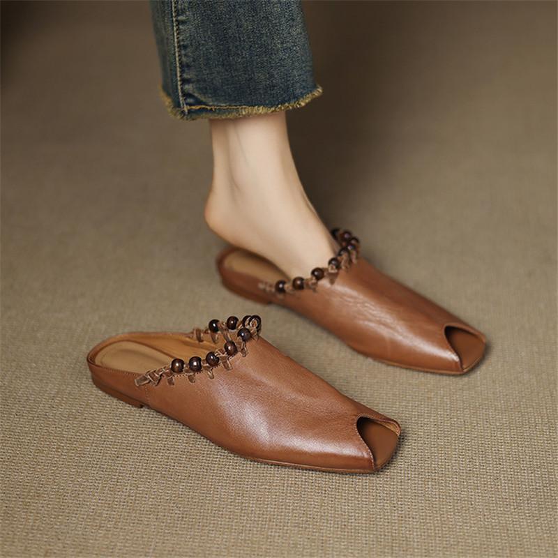 Fashion New Genuine Leather Summer Slippers Open-toe Slippers for Women Fashion Fish Mouth Low Heels Ladies Shoes Flat Shoes Slippers