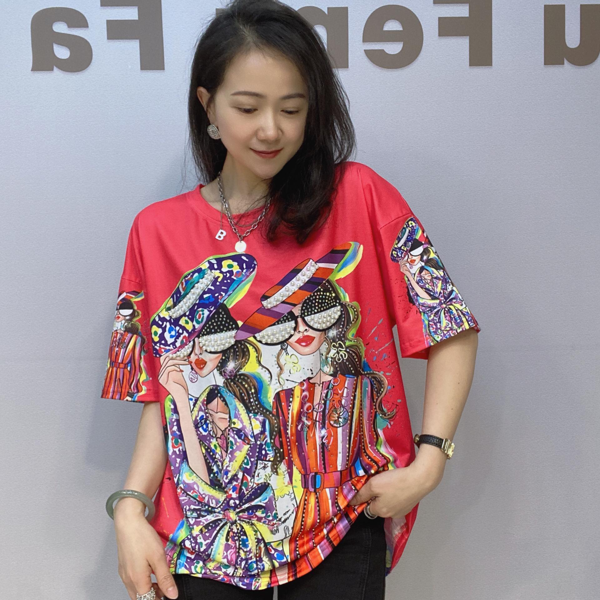 

Большие размеры, цветные футболки с принтом в виде ромбов и бисером для женщин, летняя тонкая одежда, с круглым вырезом, с коротким рукавом, повседневные свободные футболки One Size