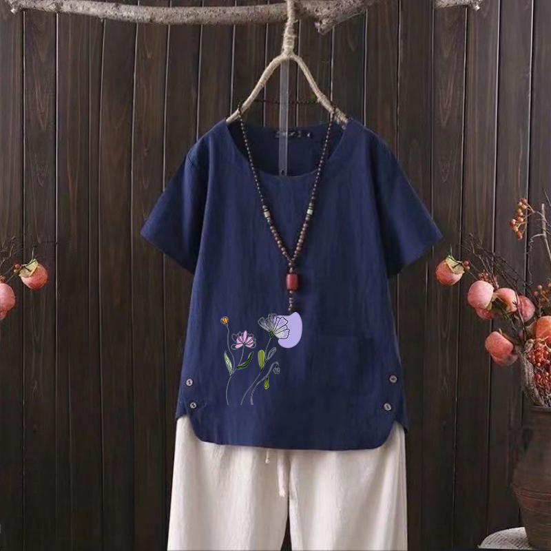 

Футболка из хлопка и конопли с V-образным вырезом в скандинавском стиле с цветочным принтом для женщин - 2025 г., легкая и воздушная, лето 4XL темно-синий