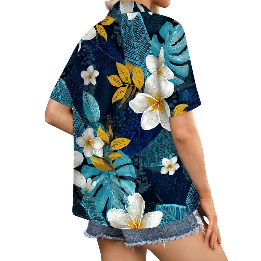 Women's fashionable casual Hawaiian print short-sleeved button-down collar shirt top