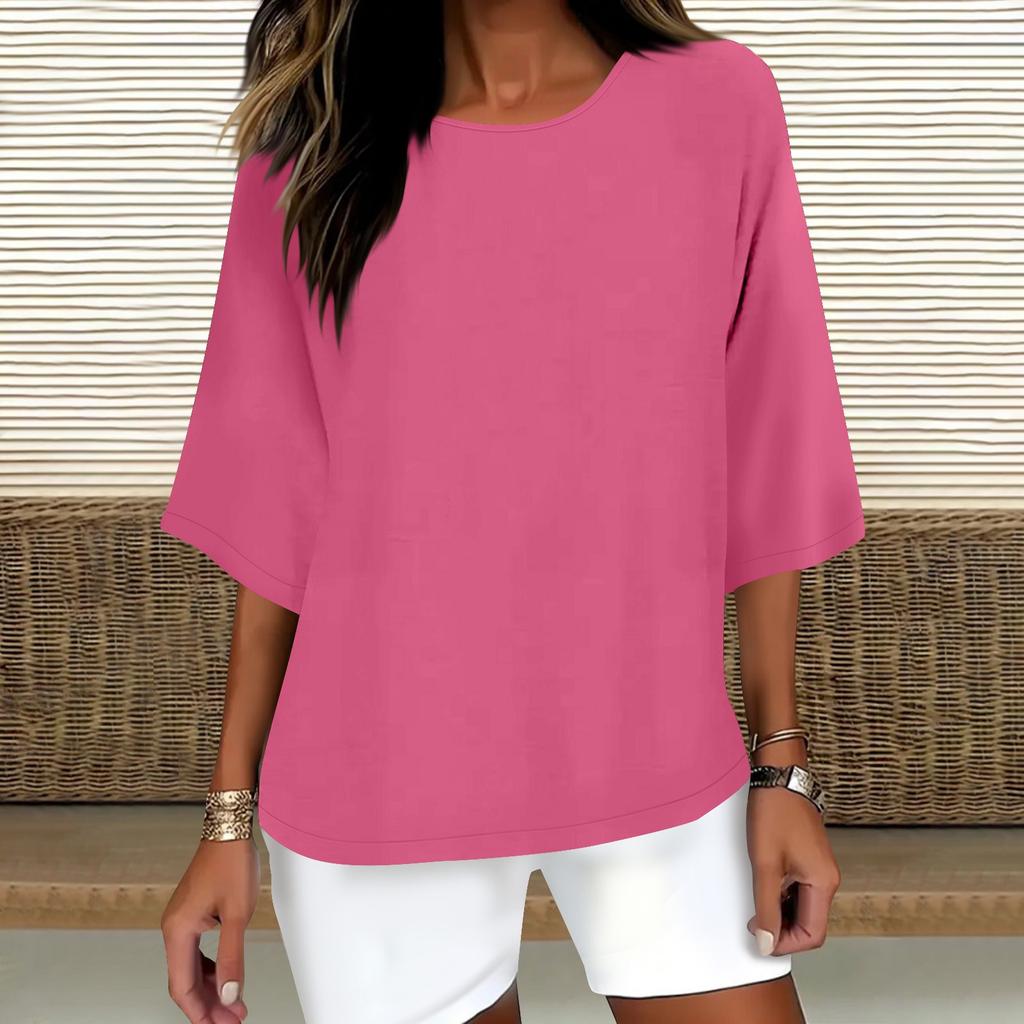 Women's Fashion Solid Color Casual T-Shirt Seven Sleeve Round Neck Cotton Top