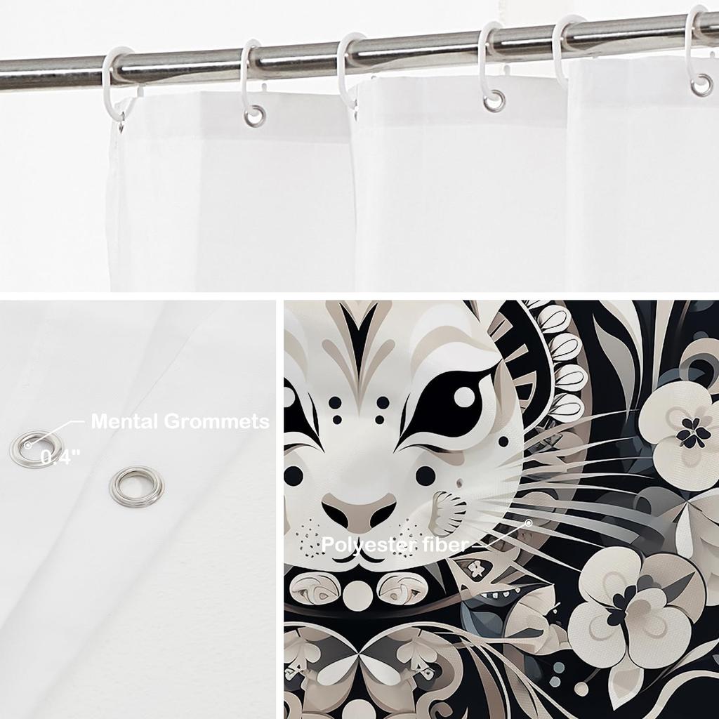 Artistic Rabbit Face Floral Design Shower Curtain Black White Boho Decor 72X72 Inches