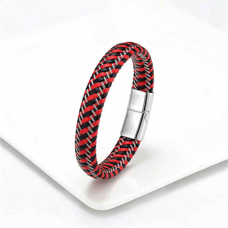 Braccialetto in Corda di Pelle per Uomo Braccialetto in Pelle Intrecciata Acciaio Inossidabile Gioielli in Pelle Rossa Regolabile Fatto a Mano