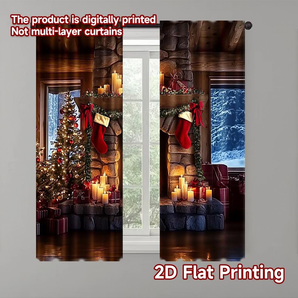 

Flat Printing Merry Christmas Curtain Country Style Stone Fireplace Fabric Without Electricity Curtains Set Of 2 Made Polyester Machine Washable W100*H70(CM)-Rod Pocket&1PCS