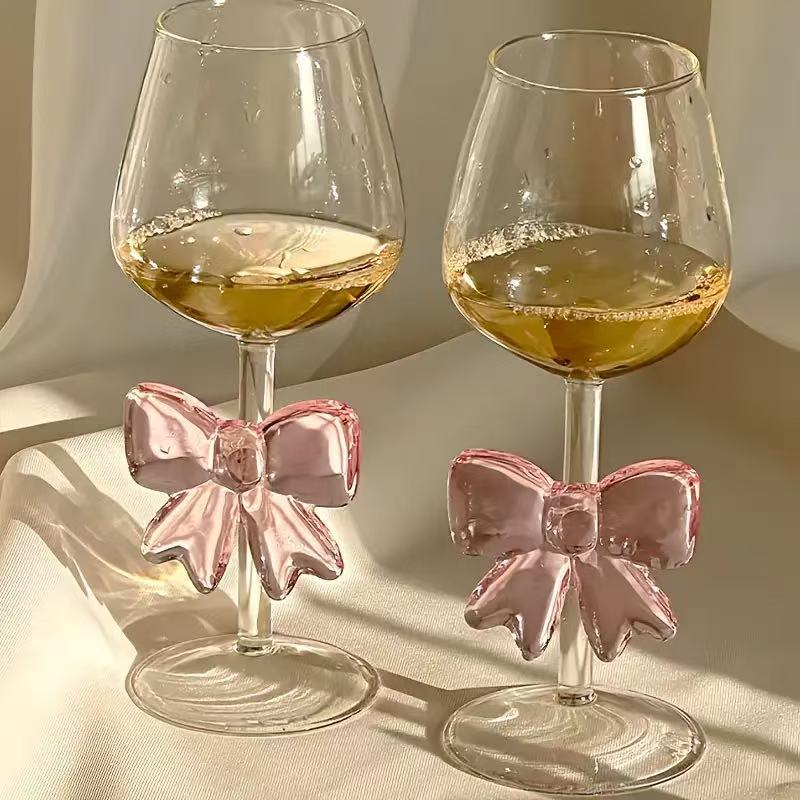Pink Bow Glass Mug Decor Glass Cup Goblet Bow Handle Glasses Wine Cocktail Glass Dessert Ice Cream Bowl Drinking Glass